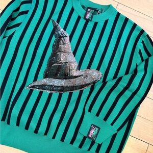 Queen of sparkles and wicked Elphaba hat Green and Black Striped Sweater
